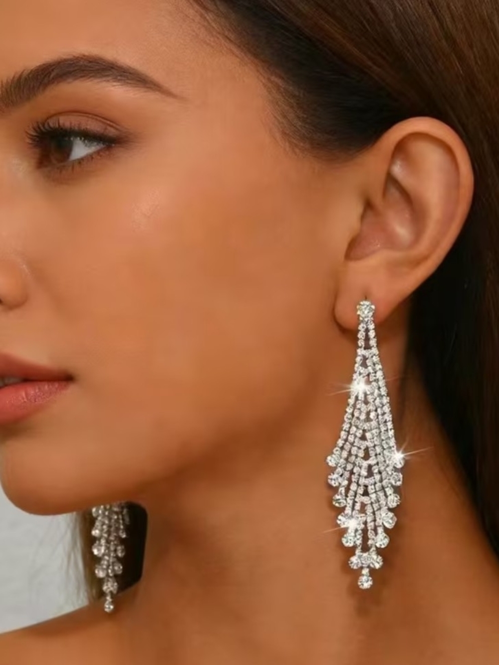 Sparkling Cascade Silver Rhinestone Drop Earrings Bridal Formal